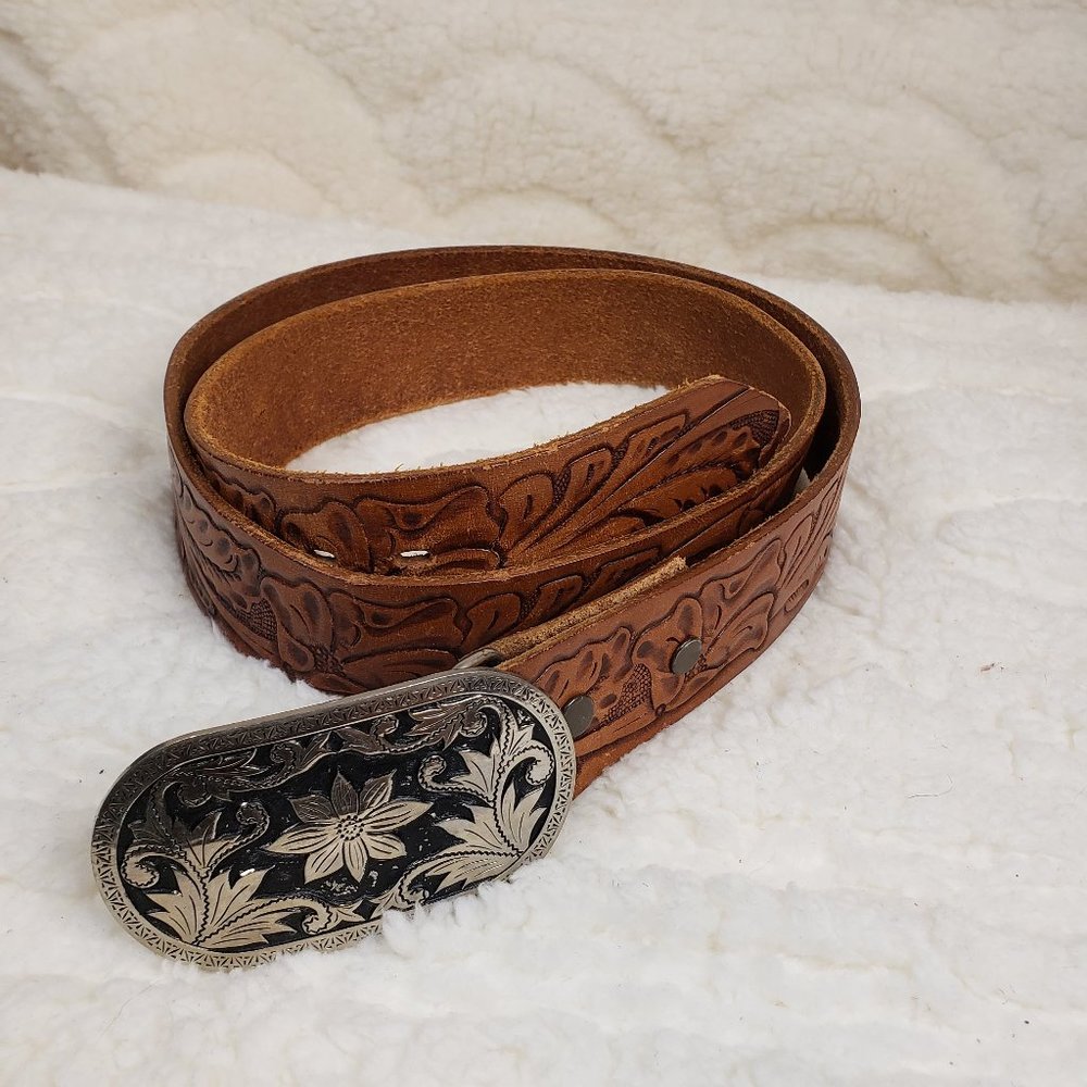 Western tooled leather belt